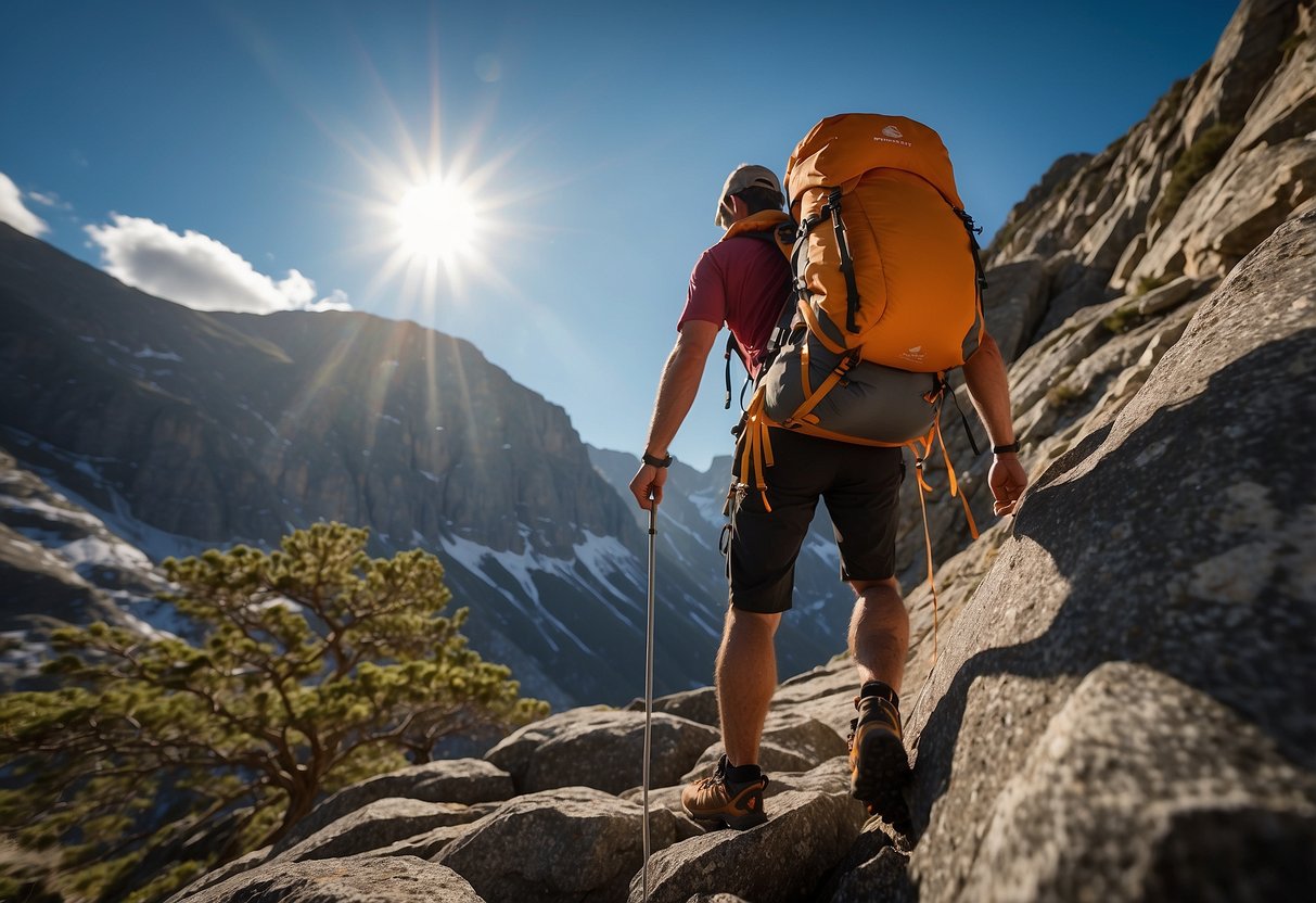 A mountain climber stands at the base of a steep rock face, wearing a Mammut Trion Nordwand 20 lightweight climbing pack. The sun shines on the rugged terrain as the climber prepares to ascend