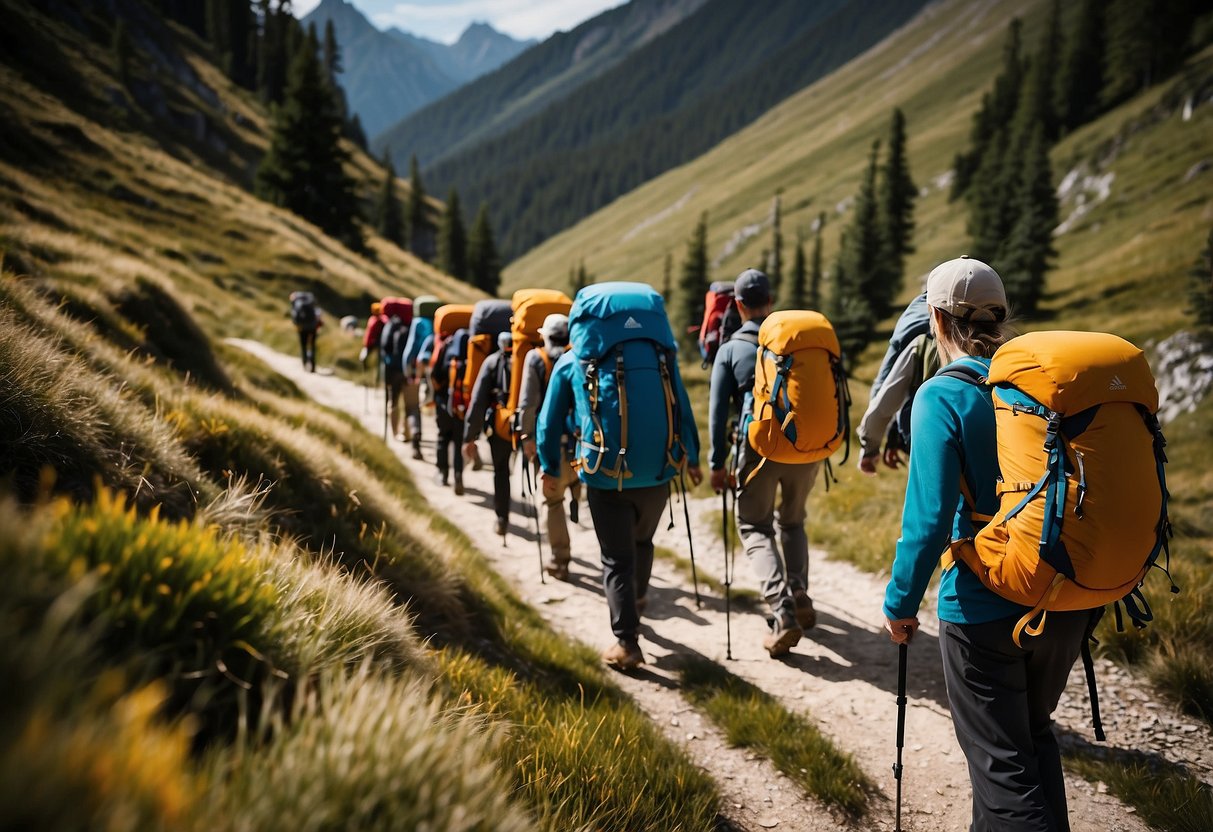 A group of climbers trek through rugged terrain with lightweight packs, showcasing comfort and ease of movement. The packs are sleek and compact, with adjustable straps and ample storage for gear