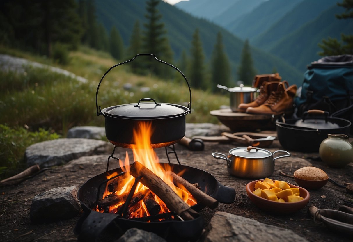 A campfire with a pot hanging over it, surrounded by various cooking utensils and ingredients. A backpack and hiking boots are nearby, with a scenic wilderness backdrop