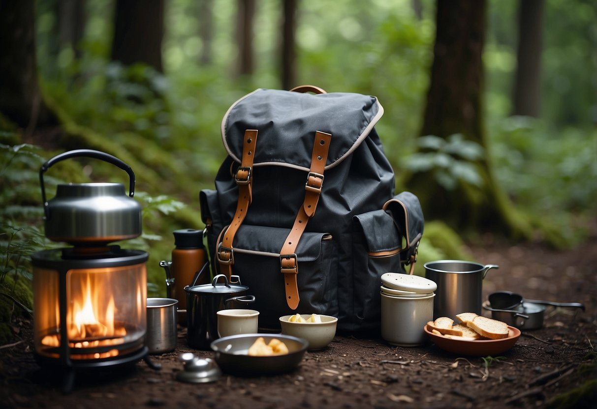 A backpack with lightweight cooking gear arranged on the ground, surrounded by a trail and nature. A small stove, pots and pans, utensils, and food items are visible