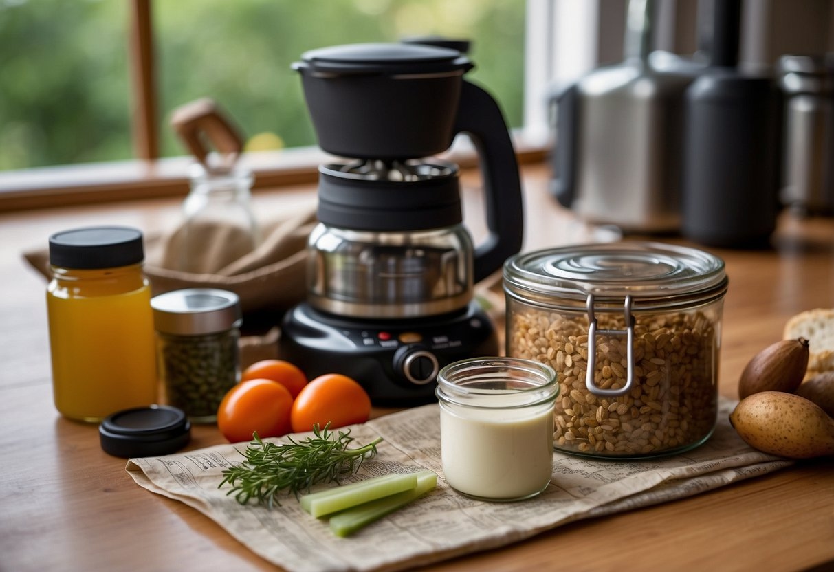 Ingredients laid out on a kitchen counter. A backpack, camping stove, and utensils nearby. A trail map and guidebook on the table