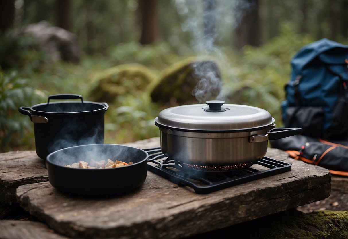 A portable stove sits on a flat rock surrounded by trees. A pot of steaming food sits on the stove, with a backpack and hiking gear nearby