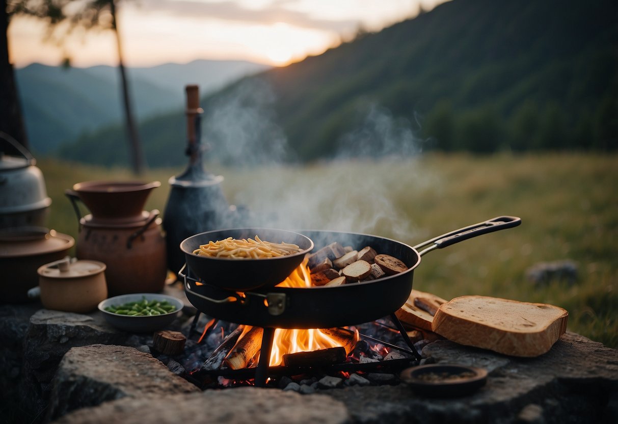 A campfire with a pot hanging over it, surrounded by various cooking utensils, a portable stove, and a few prepped ingredients on a makeshift outdoor kitchen counter