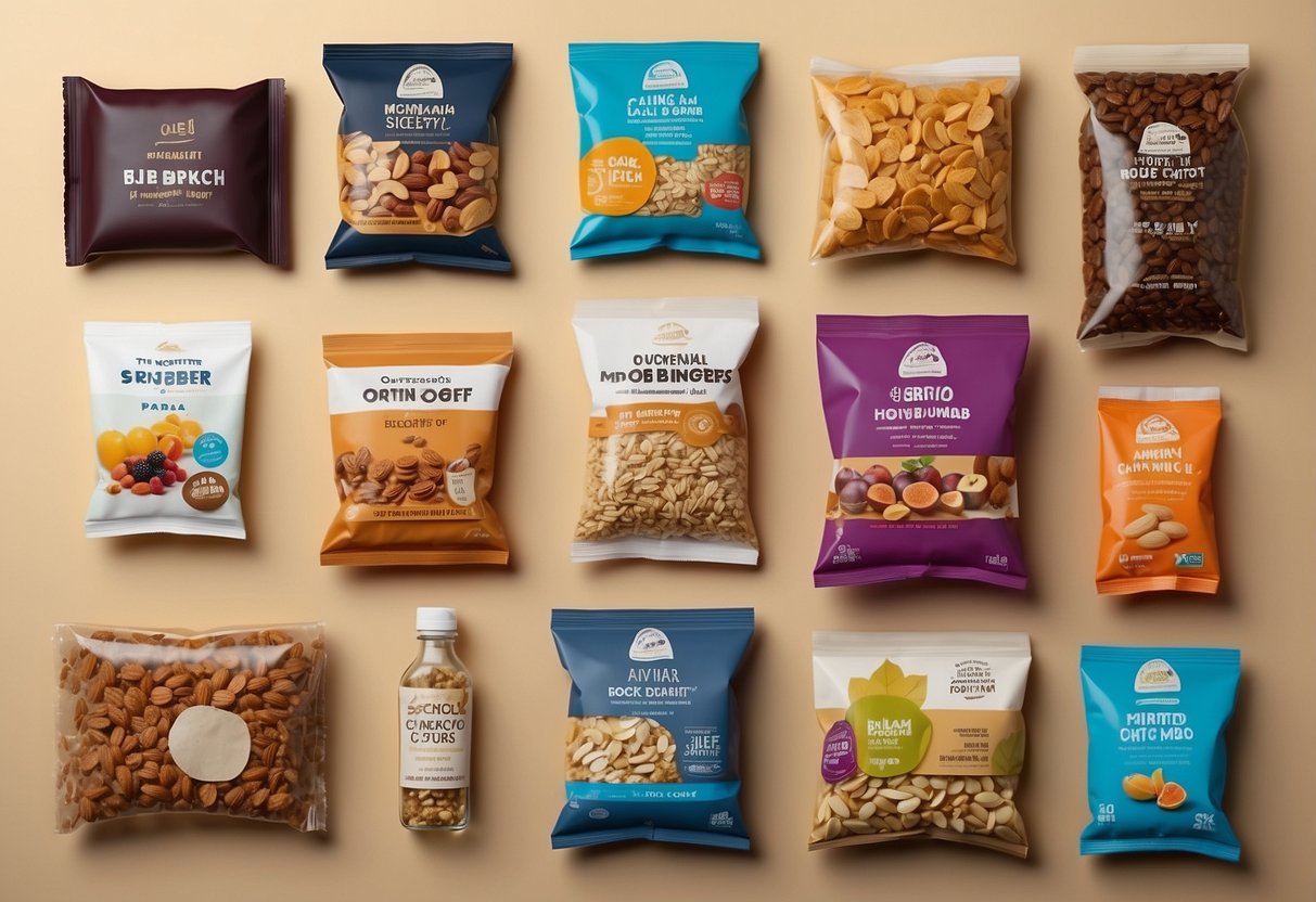 Food stored in a backpack: granola bars in a front pocket, dried fruits and nuts in a sealed bag, sandwiches wrapped in parchment paper, and a hydration bladder filled with water