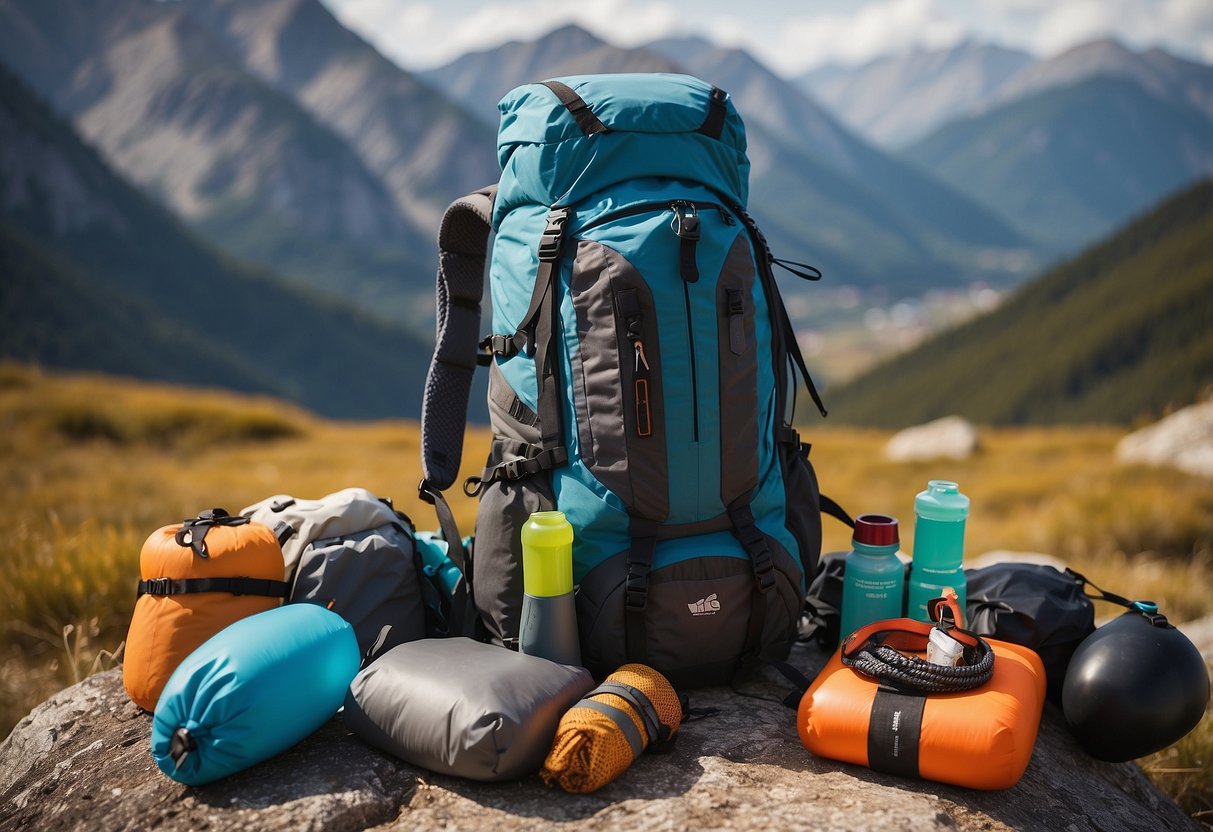 A backpack with dry bags inside, filled with food and securely fastened, surrounded by climbing gear and a rocky mountain backdrop