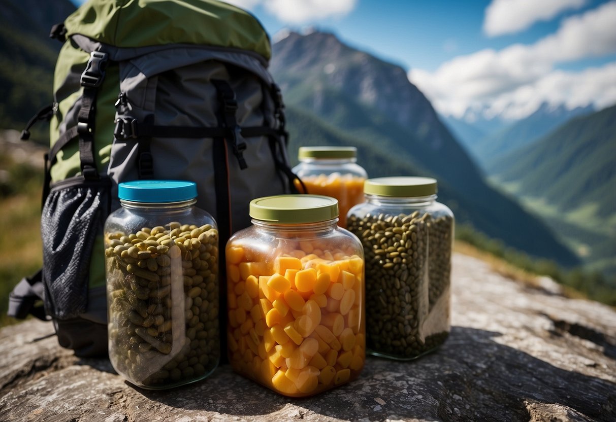 Food items packed in vacuum-sealed bags, stored in a backpack alongside climbing gear. A mountainous terrain in the background