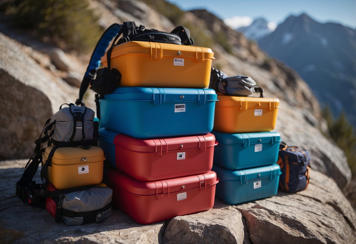 Colorful lightweight storage containers neatly arranged on a rocky ledge, surrounded by climbing gear. A mountain peak looms in the background, with a clear blue sky overhead