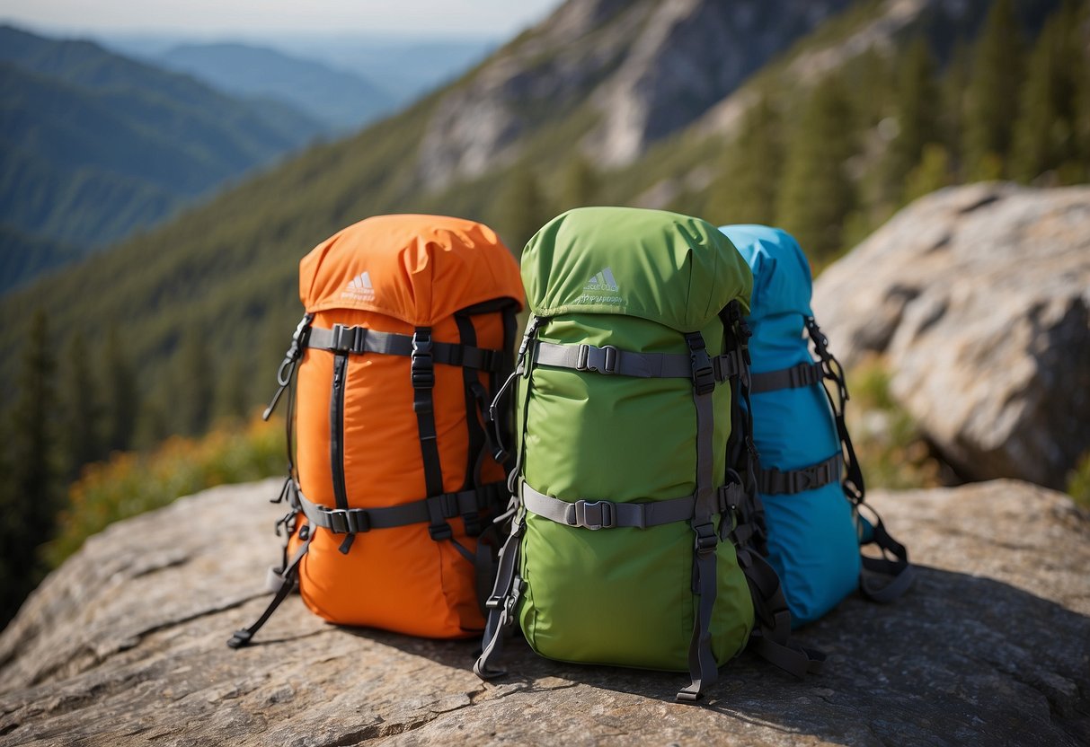 Colorful silicone food storage bags hang from a carabiner on a backpack, nestled among climbing gear and snacks on a rocky ledge