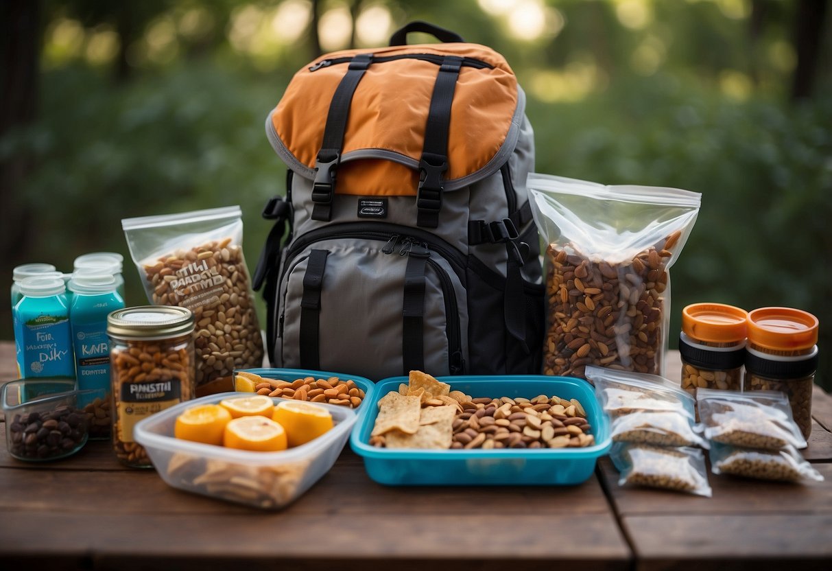 A backpack with neatly organized compartments holds sealed containers of dehydrated meals, energy bars, and vacuum-sealed bags of trail mix. A small cooler is strapped to the side, filled with perishable items