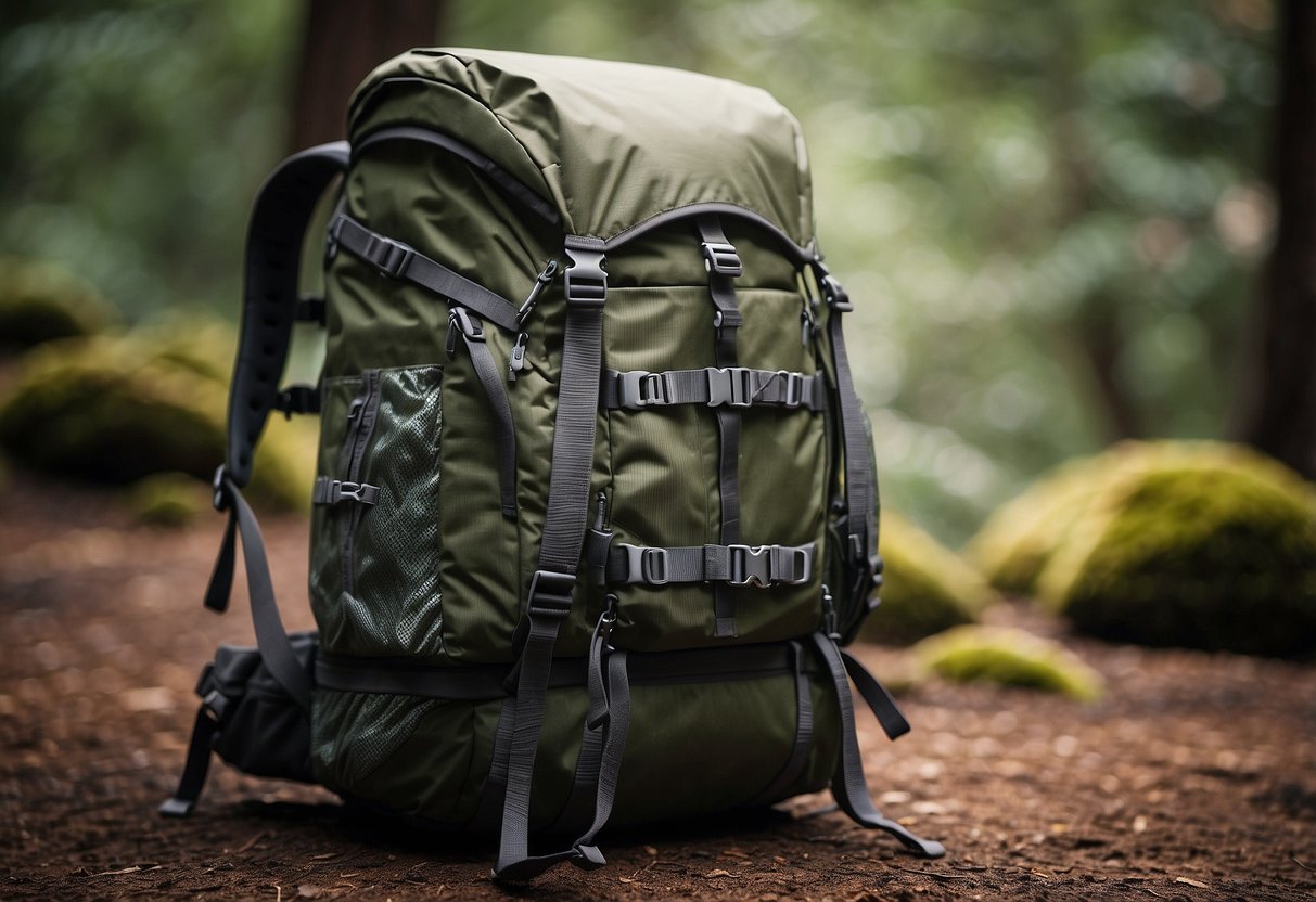 A backpack with various containers, including lightweight and airtight options, carefully organized for easy access while climbing