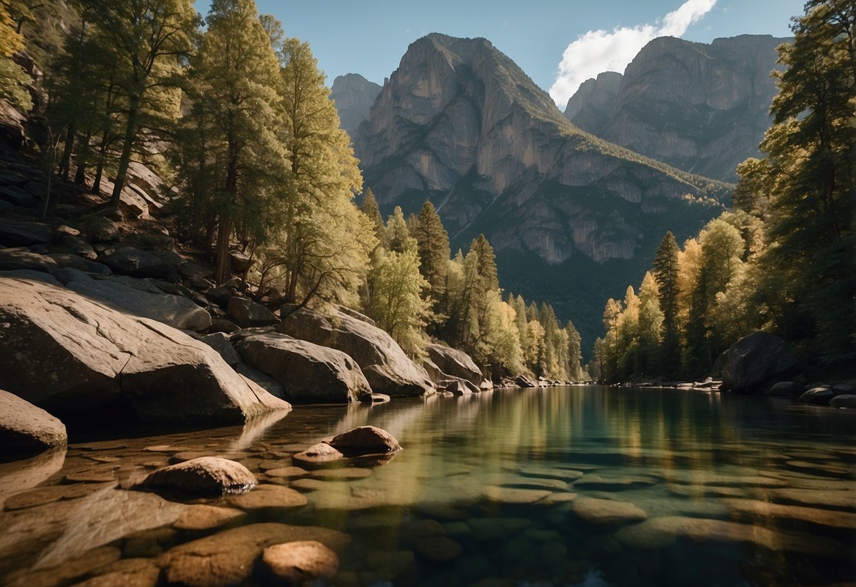 Rock formations jut out from lush forests, towering over crystal-clear lakes and rivers. The sun casts a warm glow on the rugged terrain, creating dramatic shadows and highlighting the challenging climbing routes