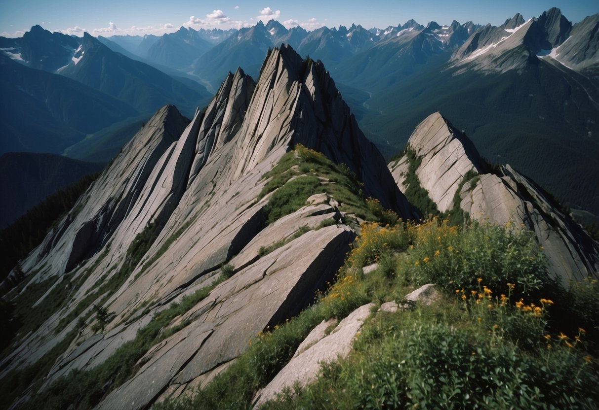 Rocky peaks rise against a clear blue sky, surrounded by lush green forests. Jagged cliffs offer challenging routes for climbers in Bugaboos, British Columbia