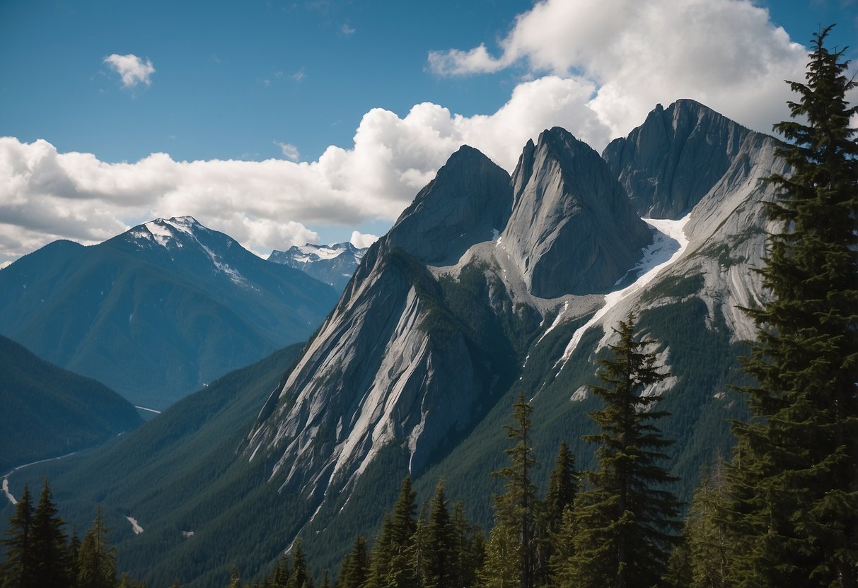 The rugged peaks of Squamish Chief rise majestically against the blue sky, offering 10 challenging rock climbing routes in the scenic wilderness of British Columbia, Canada