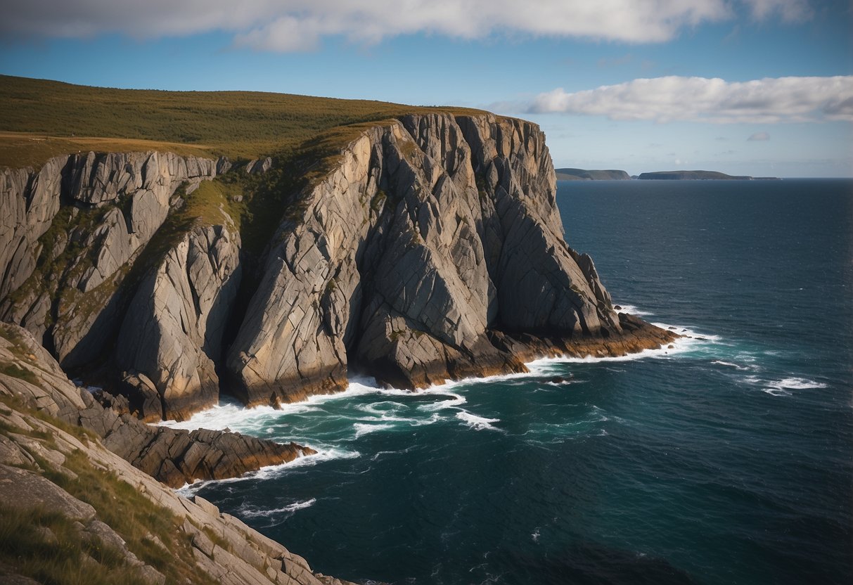 A rugged coastline with towering cliffs and jagged rock formations overlooking the pristine waters of Weir, Newfoundland. The dramatic landscape offers 10 scenic rock climbing routes, making it a popular destination for adventure seekers