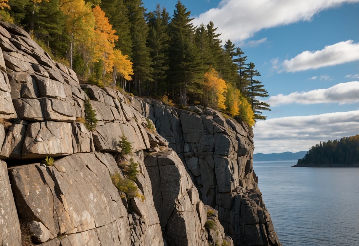 Rocky cliffs tower over the St. Lawrence River in Kamouraska, Quebec. The scenic landscape offers 10 challenging rock climbing routes in Canada