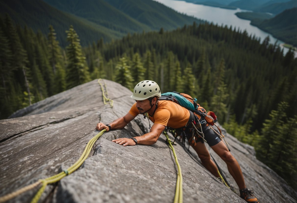 Rock climbing routes in Canada feature safety measures and guidelines. Scenic views include rugged mountains, lush forests, and pristine lakes