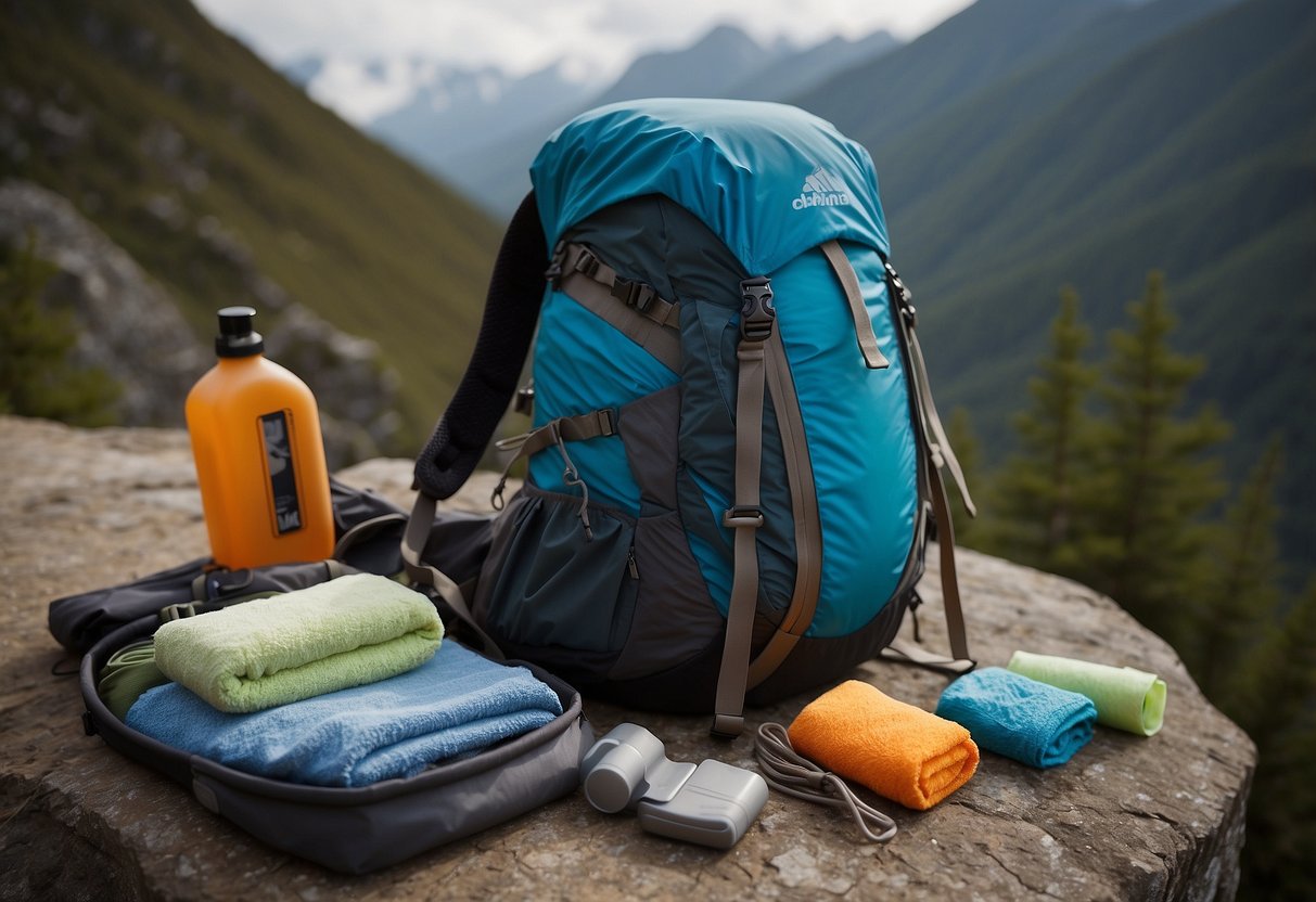 A climber carefully packs a waterproof bag with soap, wipes, and a towel. They organize their gear, keeping clean and tidy for their climbing trip