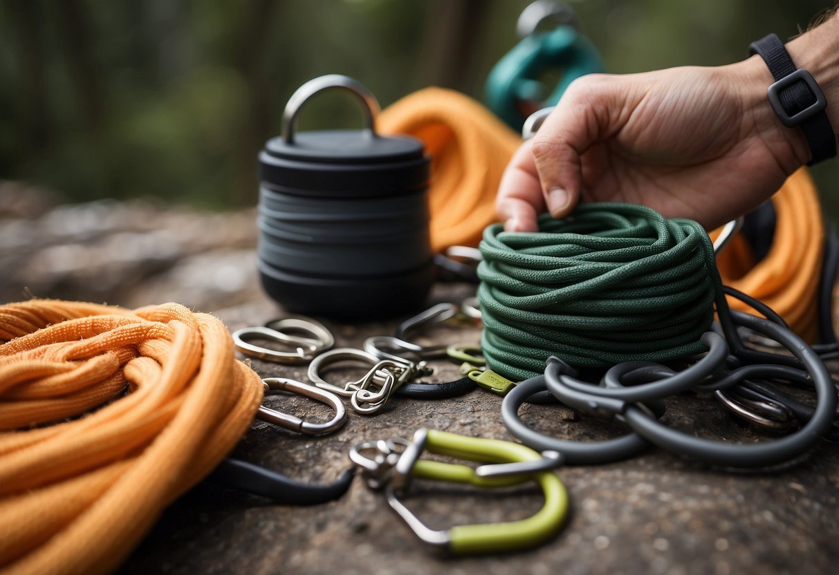 A hand reaches for a pack of biodegradable wipes next to a climbing rope and carabiners. A list of "7 Tips for Staying Clean on Climbing Trips" is visible in the background