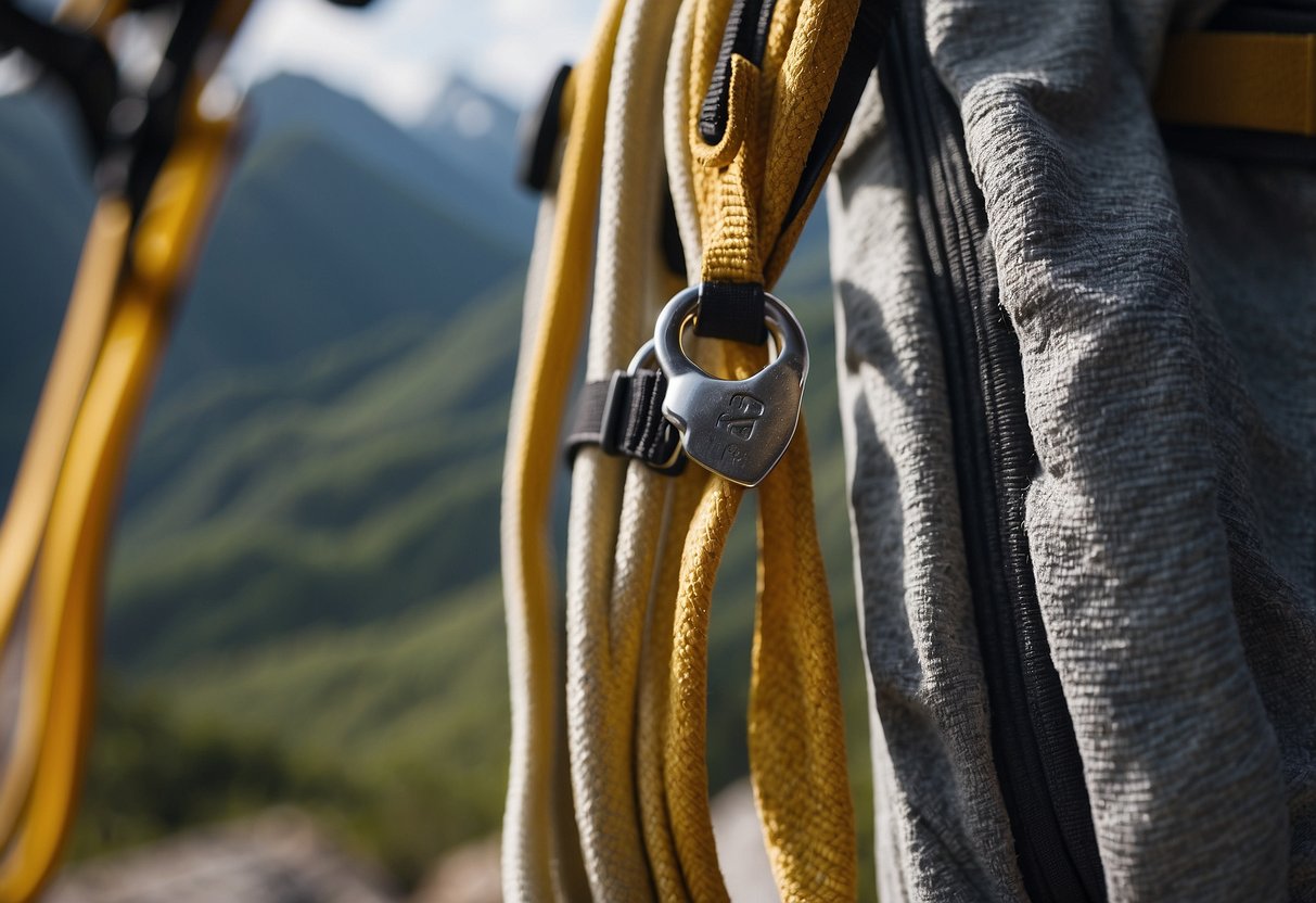 A small travel towel hangs from a carabiner on a climbing harness. Chalk dust and dirt are wiped away, leaving a clean, fresh surface