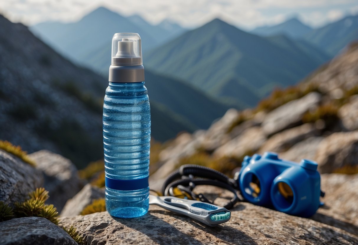 A compact toothbrush sits next to a water bottle and climbing gear on a rocky ledge, with a mountain peak in the background