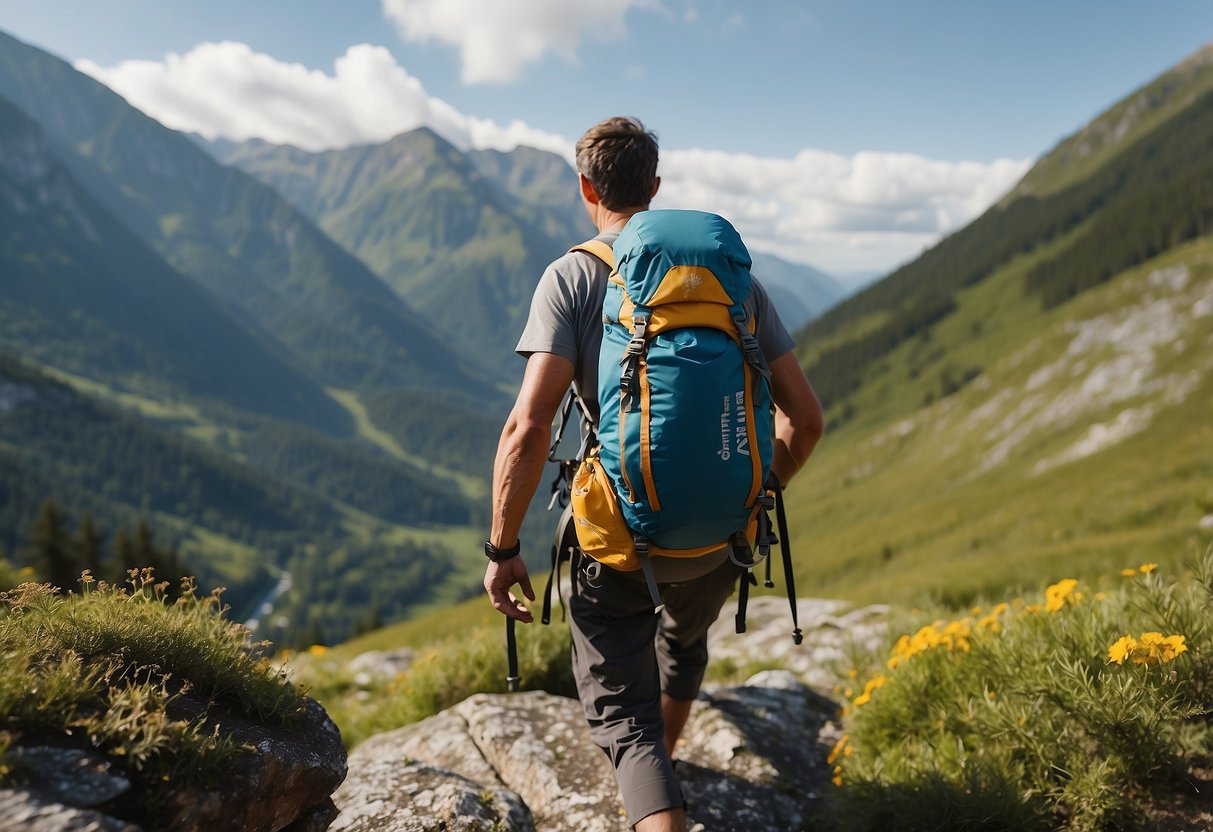 A climber carries a foldable water basin, surrounded by climbing gear and surrounded by nature