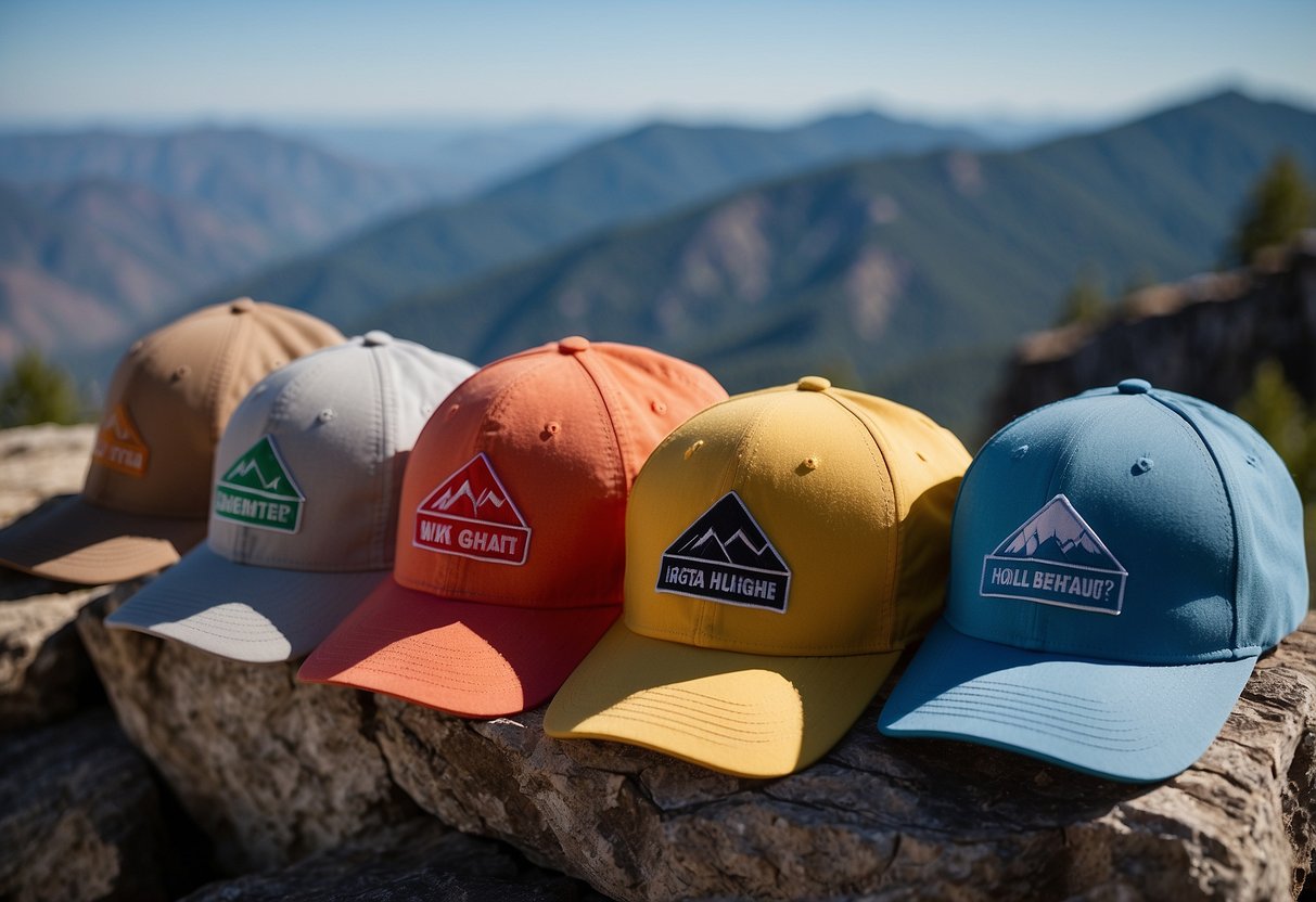 Five colorful, lightweight climbing hats arranged on a rocky ledge, with a clear blue sky and mountain peaks in the background