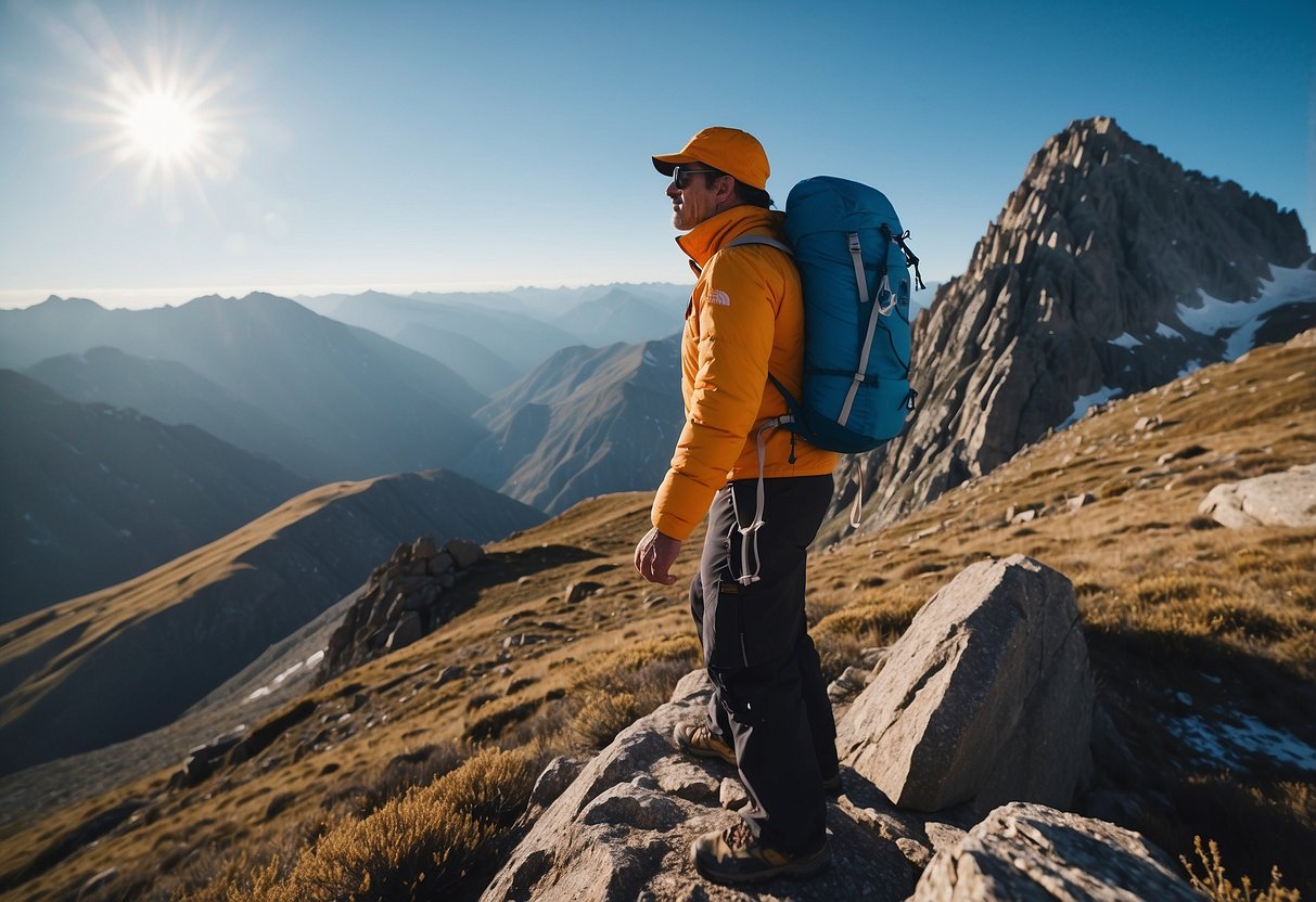 A rugged mountain peak with a clear blue sky, a climber wearing The North Face Horizon Hat, and the sun shining brightly overhead