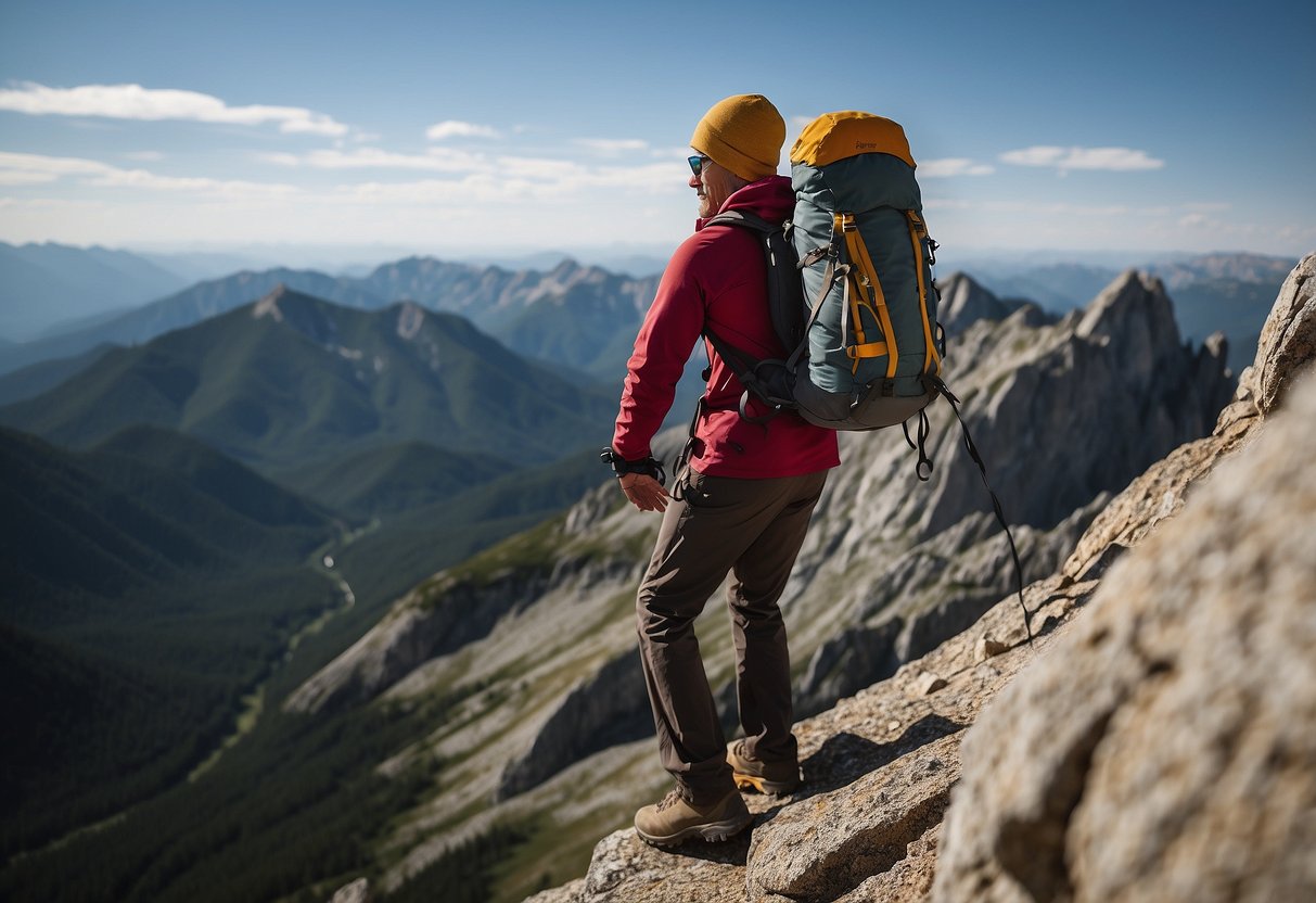 A rocky mountain peak with a climber wearing an Arc'teryx Sinsola Hat, shielding their face from the sun