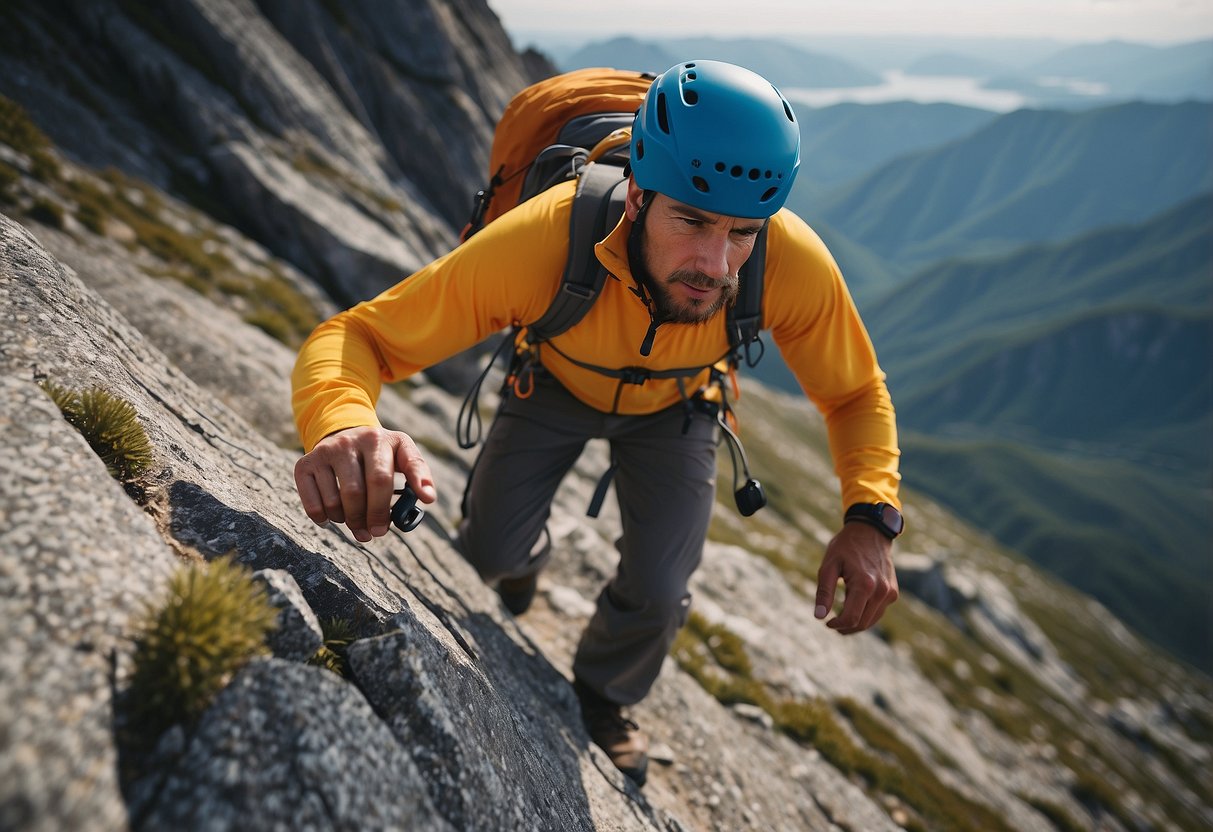 A climber wearing a lightweight hat, shielded from the sun's rays while ascending a rocky mountain peak