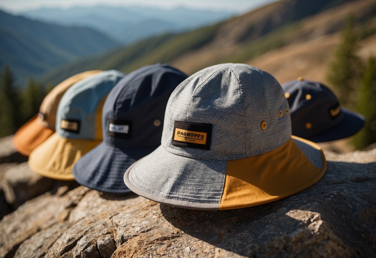 The scene depicts a collection of lightweight climbing hats with various design features, such as ventilation holes and adjustable straps, laid out on a rocky surface with a backdrop of a sunny mountain landscape