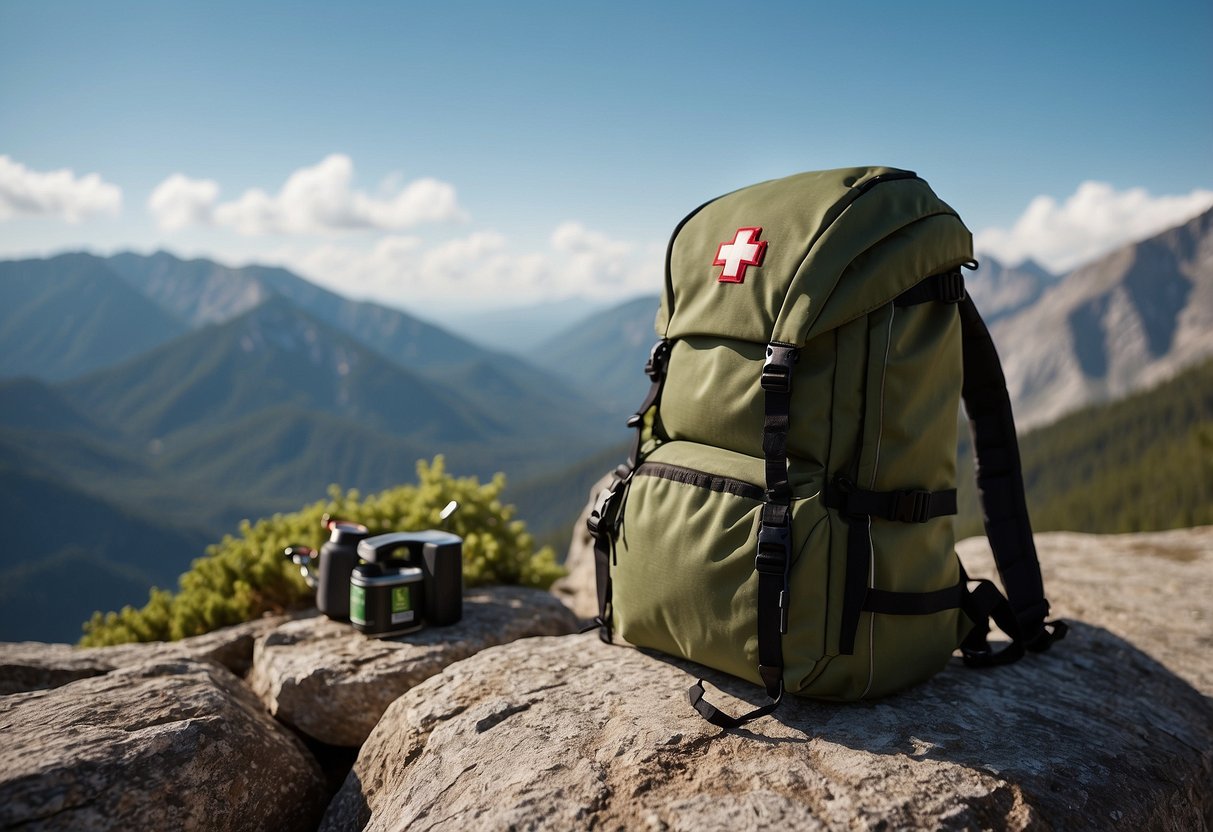 A backpack with a first aid kit, rope, carabiners, and climbing gear laid out on a rocky ledge with a scenic mountain backdrop