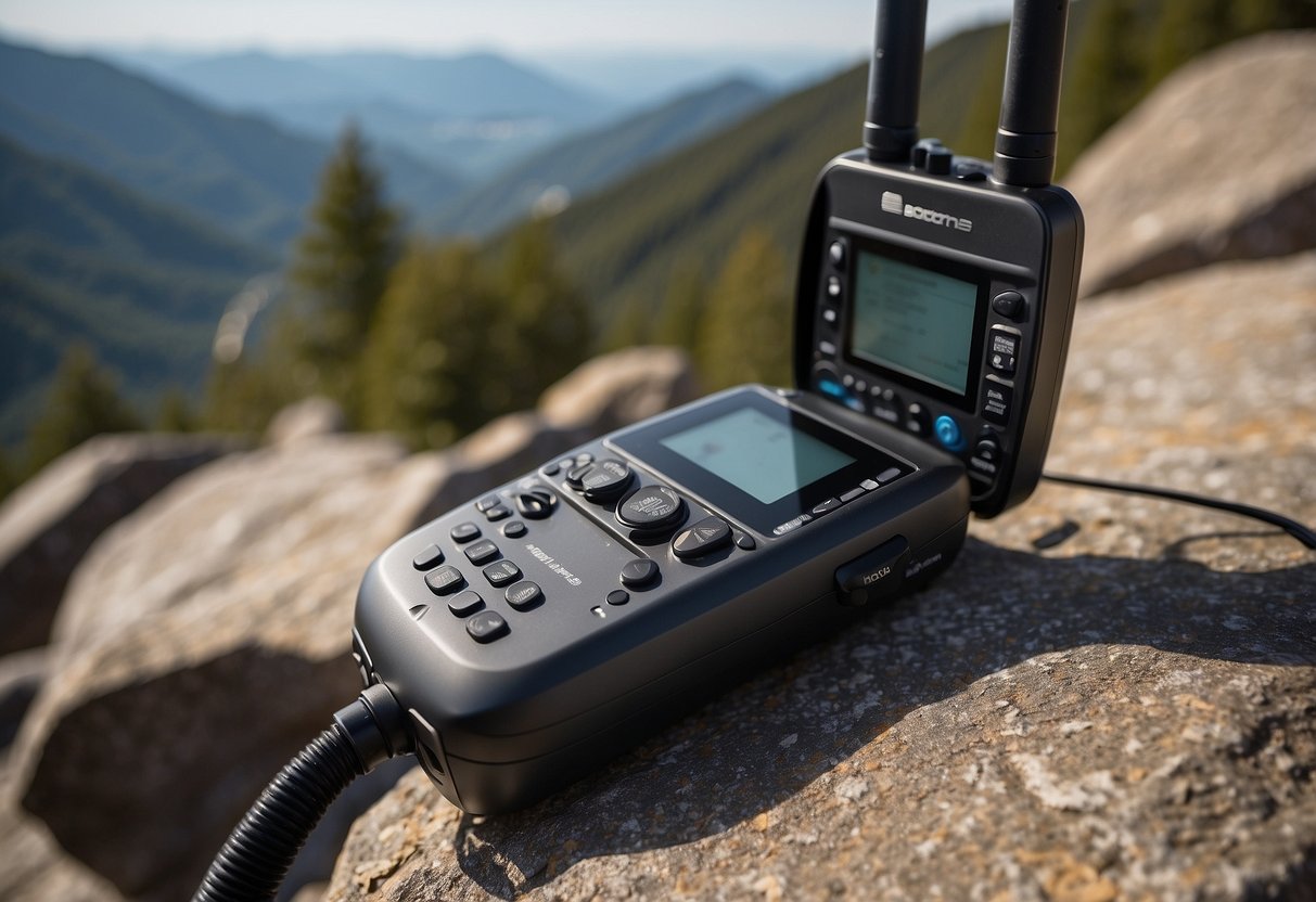 A satellite phone rests on a rocky ledge, surrounded by climbing gear and a scenic mountain backdrop