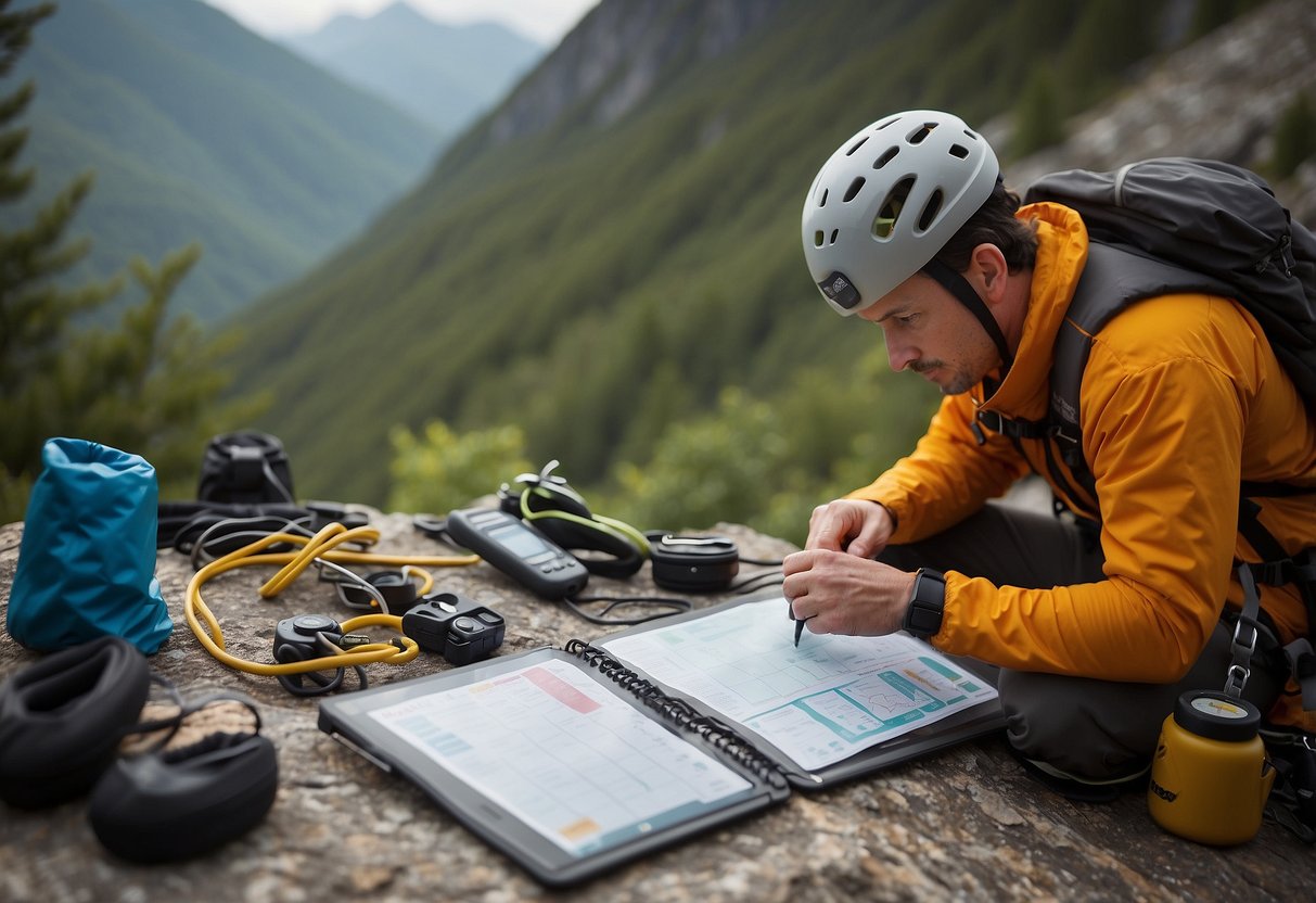 A rock climber checks weather forecasts before climbing, with gear laid out and emergency equipment nearby