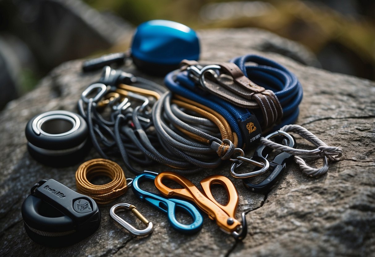 Inspecting climbing gear laid out on a rocky ledge, with carabiners, ropes, and harnesses neatly arranged. The backdrop shows a steep rock face with jagged edges and small crevices