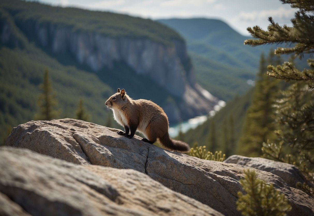 Local wildlife roam near a rocky cliff. Emergency gear is visible