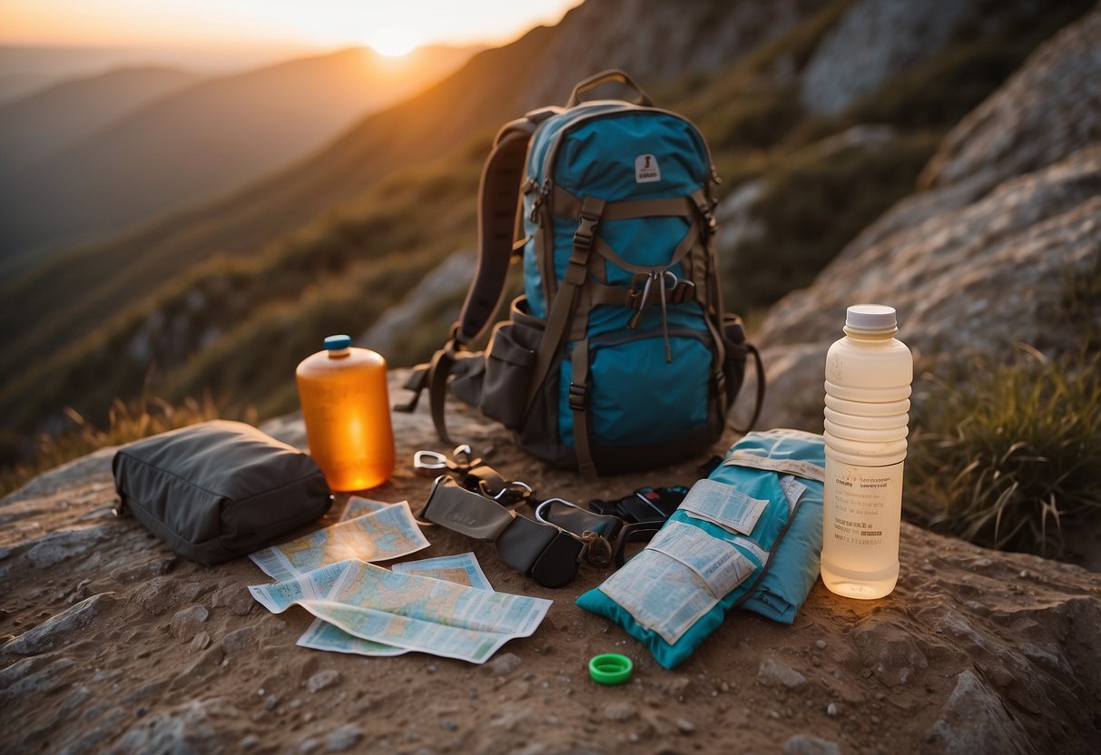 Climbing gear scattered on rocky ground, with a water bottle and protein bar nearby. A map and first aid kit lay open on a backpack. Sunset casts a warm glow on the scene