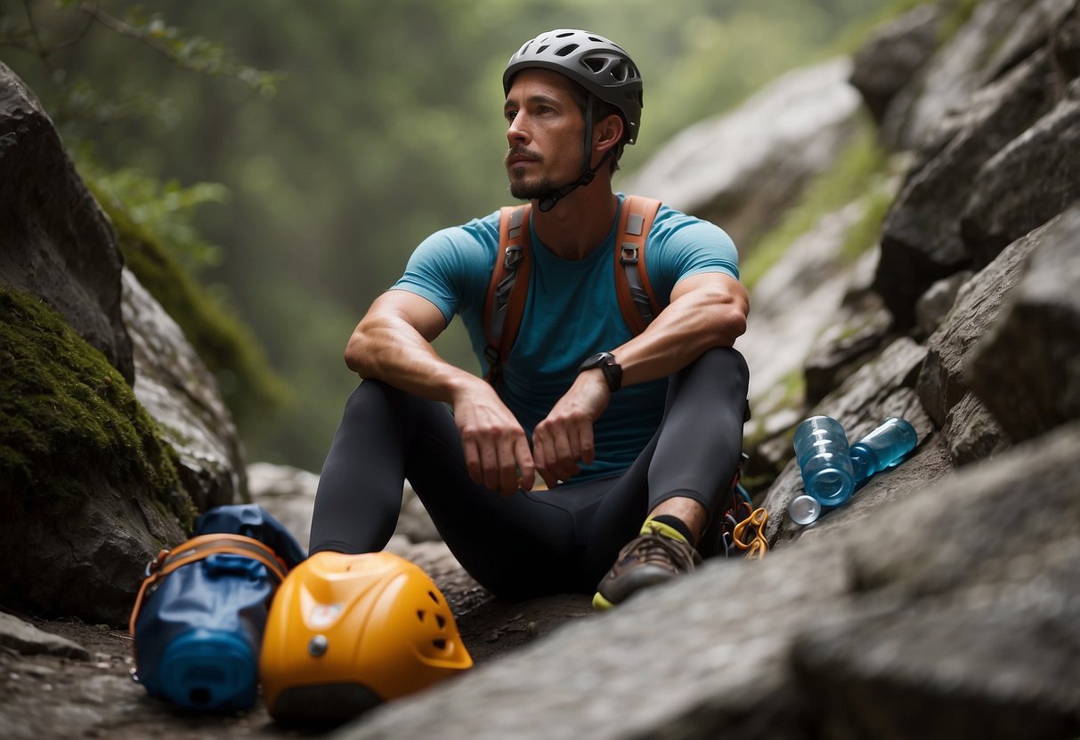 A climber sits with a water bottle, surrounded by climbing gear. Aching muscles are highlighted as they follow tips for relief