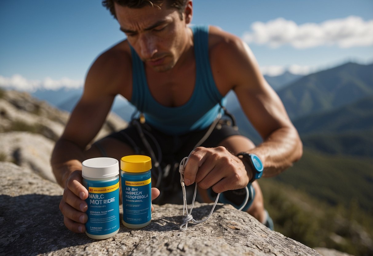 A climber applies Arnica gel to soothe sore muscles. Gear and ropes lay nearby. Mountains and blue skies fill the background