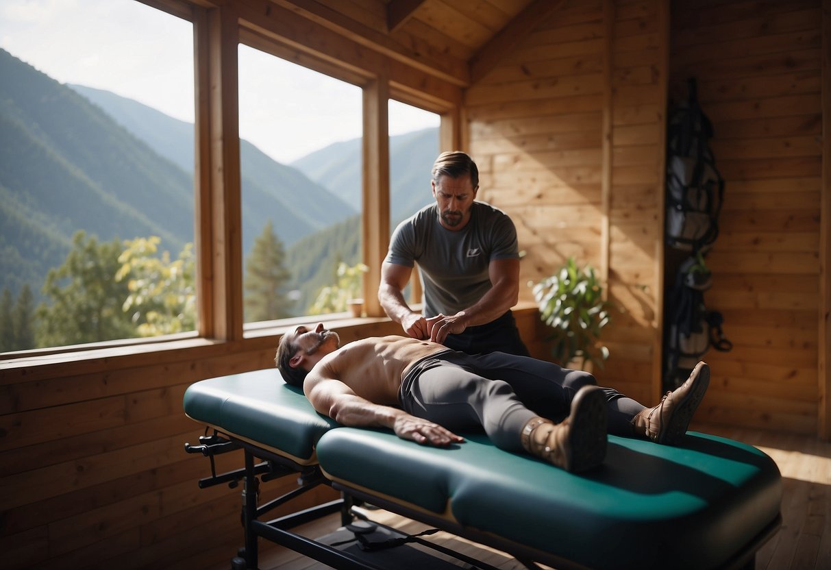 A climber lies on a massage table, muscles tense. A therapist applies firm pressure, easing soreness. Climbing gear and a guidebook sit nearby