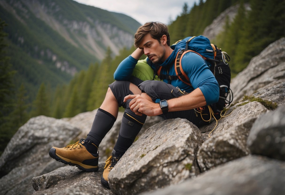 A climber rests on a rocky ledge, surrounded by climbing gear. Their muscles are sore, but they manage it with rest and stretching