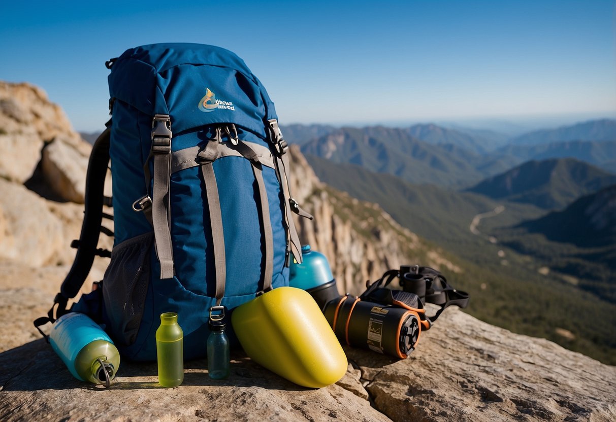 A climber's backpack sits on the ground, with a water bottle, foam roller, and resistance bands spilling out. Surrounding it are rocky cliffs and a clear blue sky, indicating a remote outdoor climbing location