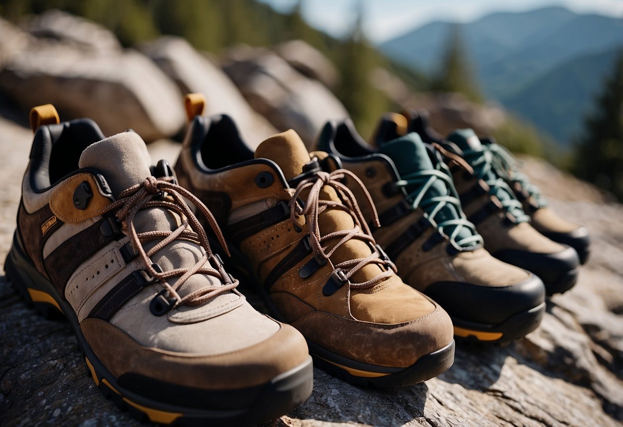 A rocky terrain with five pairs of climbing shoes arranged in a row, each displaying their unique design and features