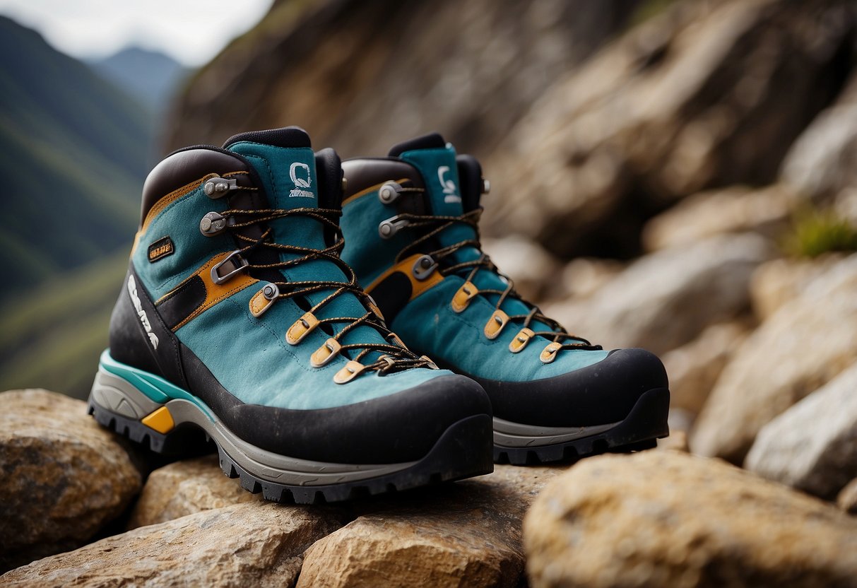 A pair of Scarpa Instinct VS climbing shoes on rugged terrain, surrounded by rocky cliffs and boulders