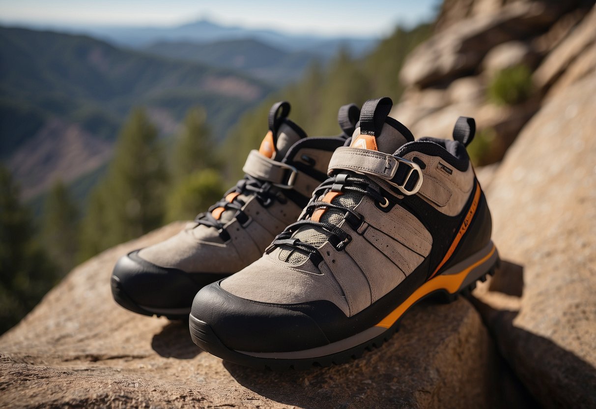 A pair of Five Ten Anasazi VCS 5 climbing shoes placed on rocky terrain, with jagged rocks and craggy cliffs in the background