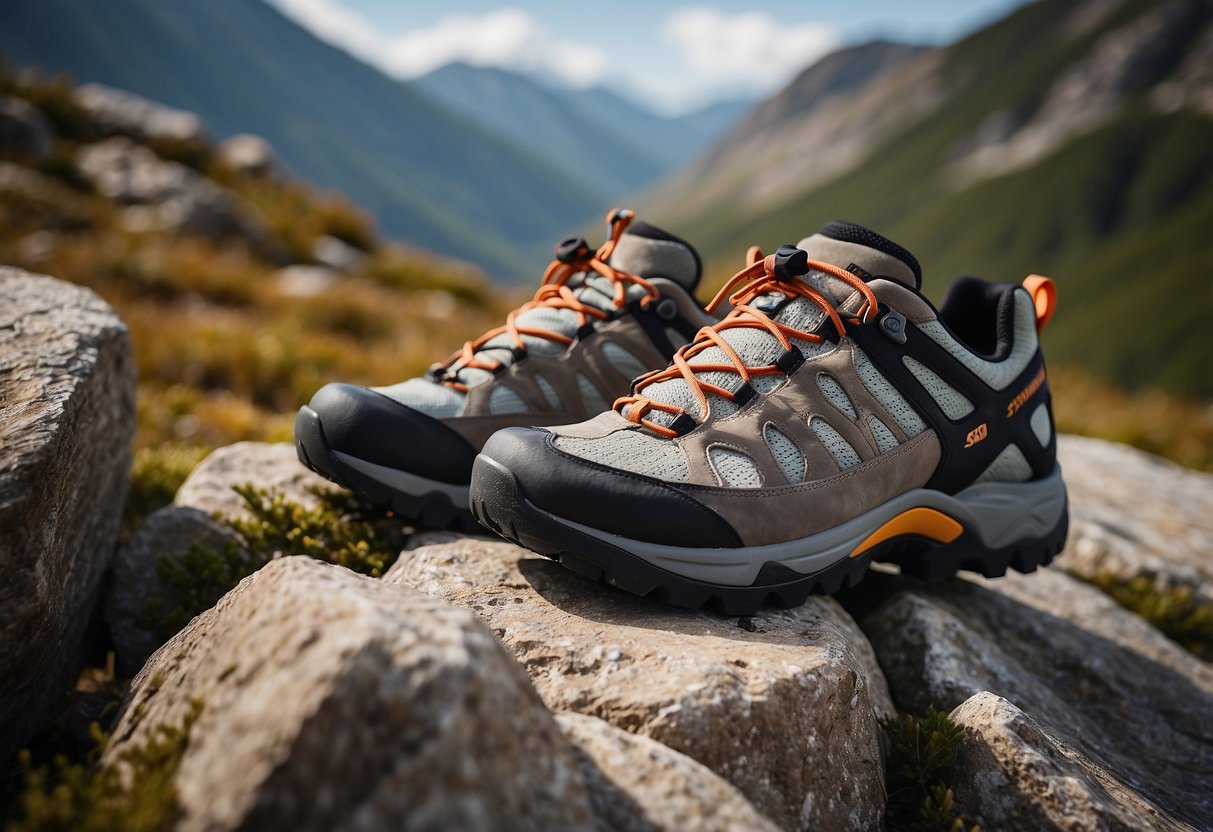 Specialized climbing shoes grip rocky terrain, providing stability and support. Illustrate shoes on rugged rocks with a mountain backdrop