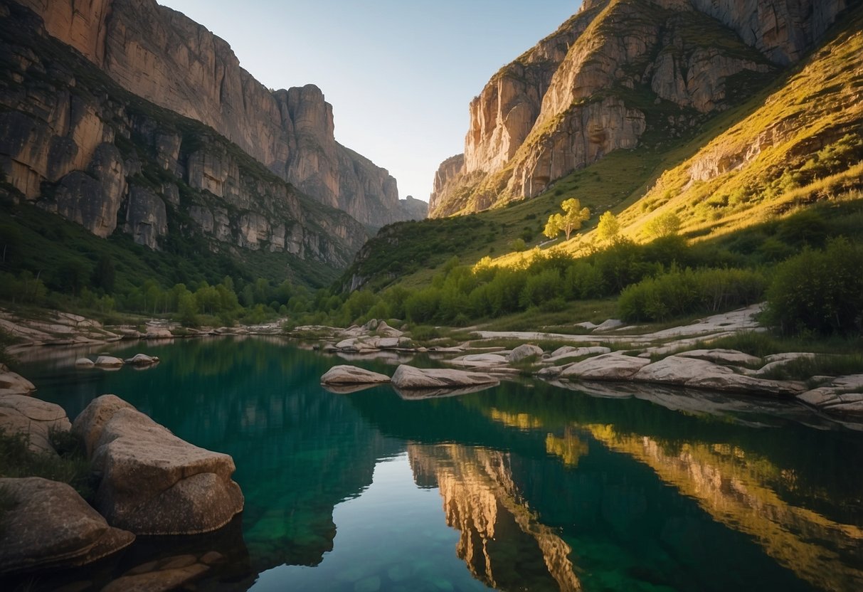 Rock formations jut out from lush green landscapes, towering over crystal-clear lakes and rivers. The sun casts a warm glow on the rugged cliffs, creating a picturesque backdrop for adventurous climbers