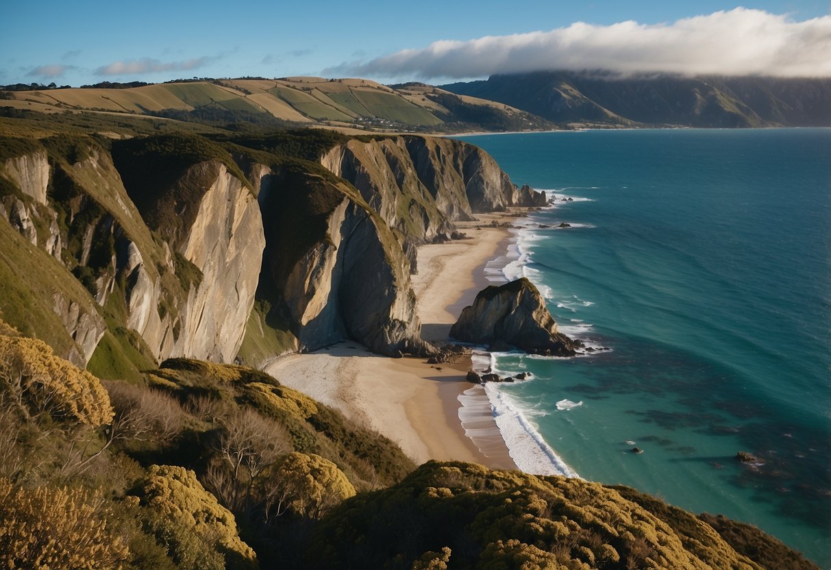 The rugged Anatoki Bluffs rise sharply from the coastline, featuring sheer rock faces and challenging climbing routes, surrounded by the wild beauty of New Zealand's natural landscape