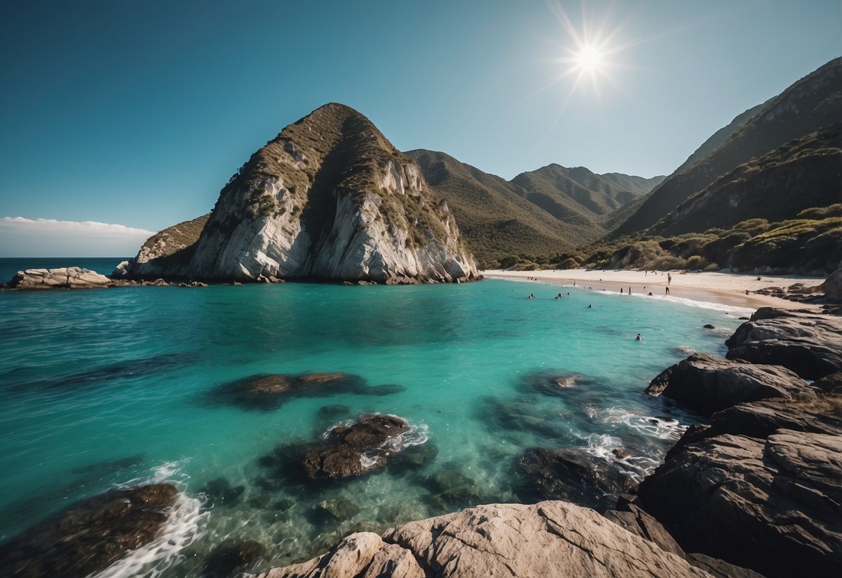 Pohara Beach: rocky cliffs rise against a backdrop of turquoise waters, with climbers scaling the rugged terrain