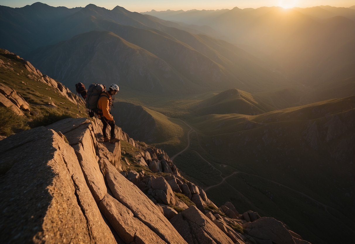 A lone climber scales a rugged cliff, surrounded by vast, untouched wilderness. The sun sets in the distance, casting a warm glow over the jagged peaks and deep valleys below