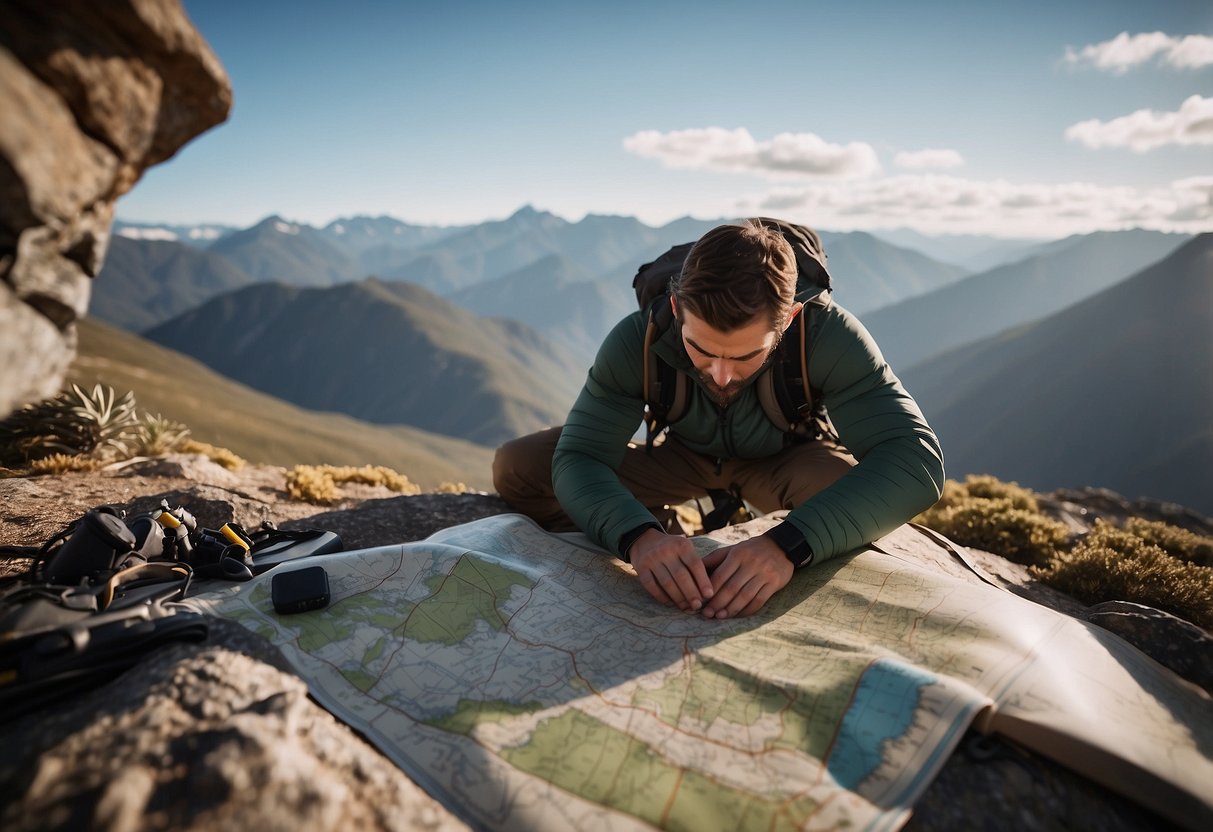 A climber carefully studies a map of a remote area, surrounded by gear and supplies. The rugged terrain and distant mountains are visible in the background